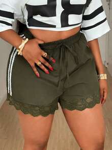 Maweii Plus Size Women Side Stripe Loose Lace Bow Shorts - Army Green - View 1