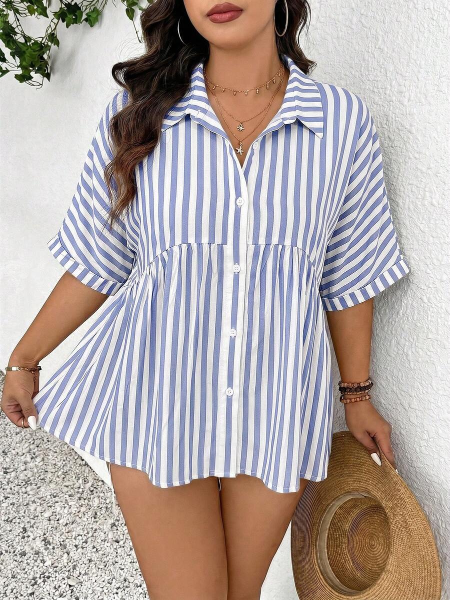 SHEIN Frenchy Áo kiểu nữ cỡ lớn, thiết kế mở phía trước, chất liệu vải có họa tiết, thoải mái, tay ngắn, phù hợp cho mùa xuân/hè, áo nữ mùa xuân, áo nữ mùa hè, váy nữ thanh lịch. - Màu xanh lam - Xem 1