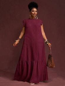 Veslaya Elegant Summer Burgundy Maxi Dress For Plus Size Women, Vacation & Casual Loose Woven Textured Fabric Sleeveless Ruffle Trim Collar Dress - Burgundy - View 9