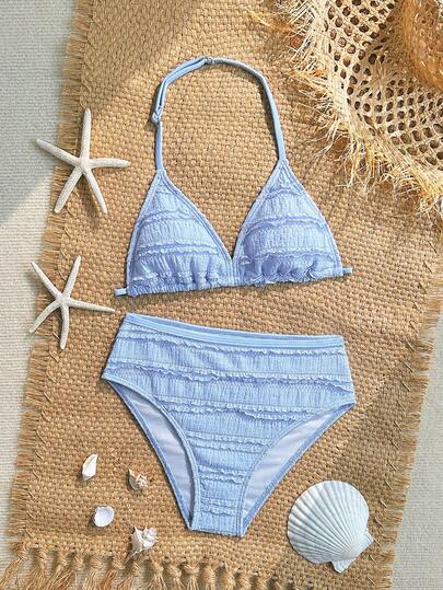SHEIN Bộ bikini kẻ caro cho bé gái tuổi teen: Thiết kế buộc cổ, họa tiết dễ thương, mở ra xu hướng thời trang biển mùa hè.