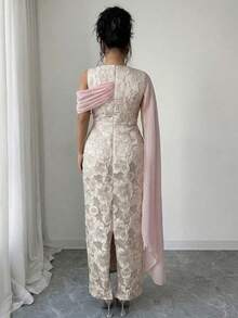 Elenzga Đầm maxi nữ bán chạy nhất, chất liệu vải jacquard vàng có họa tiết, kiểu dáng thanh lịch với khăn choàng chiffon, phù hợp cho các bữa tiệc, hẹn hò, mua sắm và nhiều dịp khác trong mùa xuân/hè. - Hồng - Xem 2