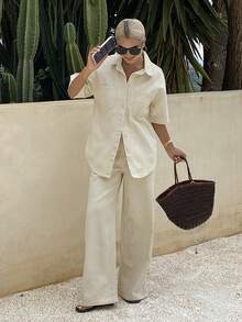 Bộ đồ nữ dáng rộng thoải mái, phong cách nghỉ dưỡng, áo tay ngắn và quần jeans ống đứng dài, thích hợp cho mùa xuân/hè. - trắng - Xem 4