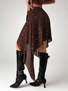 SHEIN ICON Váy nữ mùa hè phong cách Y2K, kiểu hippie miền Tây màu đỏ tía, thích hợp đi dự tiệc câu lạc bộ, Coachella, thời trang, đa năng, đính sequin, vạt váy bất đối xứng. - màu nâu - Xem 2