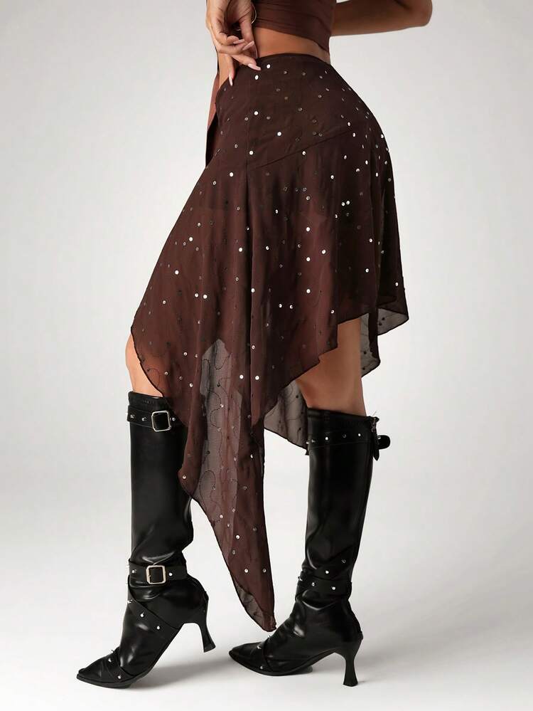 SHEIN ICON Jupe asymétrique à détails pailletés, à la mode, polyvalente, pour sortie, hippie, western, bourgogne, club, Coachella, fête, pour femmes style Y2K - Tabac - Voir 2