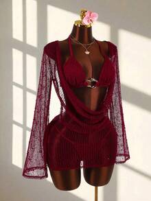 3 piezas Conjunto de Bikini Sexy de Mujer - Top, Bottom y Cubridor - Burdeos - Ver 5
