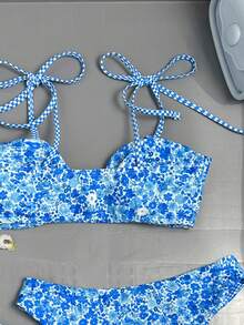 Swim Mod Bộ đồ bơi 2 mảnh dệt kim gợi cảm, không dây, in họa tiết hoa kẻ caro, thanh lịch, ngọt ngào, thích hợp cho tiệc ngoài trời, bikini mùa hè duyên dáng dành cho nữ. - Nhiều màu - Xem 6