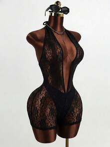 Mistrie 夏季女士性感蕾丝黑色连体裤 - 黑色 - 查看 1