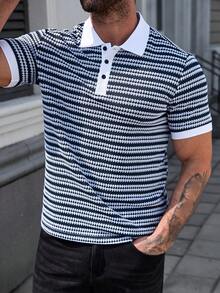 Manfinity CasualCool 男士撞色条纹短袖Polo衫 - 藏蓝色 - 查看 6