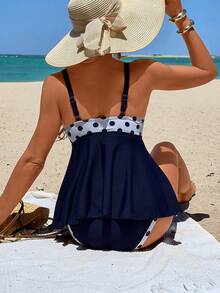 Swim Lushoire 女士波点印花系带吊带背心式泳衣套装，适合海滩和度假 - 彩色 - 查看 2