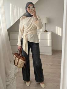 Elenzga Áo sơ mi dài tay nữ màu trơn có khóa cài hình tròn - Màu be - Xem 8