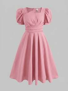 Vestido largo elegante casual de calle para niña adolescente, primavera/verano, tejido jacquard texturizado, cuello cuadrado, manga corta abullonada, color burdeos, KIDS - Rosa - Ver 2