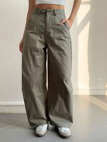 Dazy Tall Calça Cargo Casual Feminina de Cintura Alta, Cor Sólida, com Bolsos Grandes, Estilo de Rua - Verde Militar - Visão 3