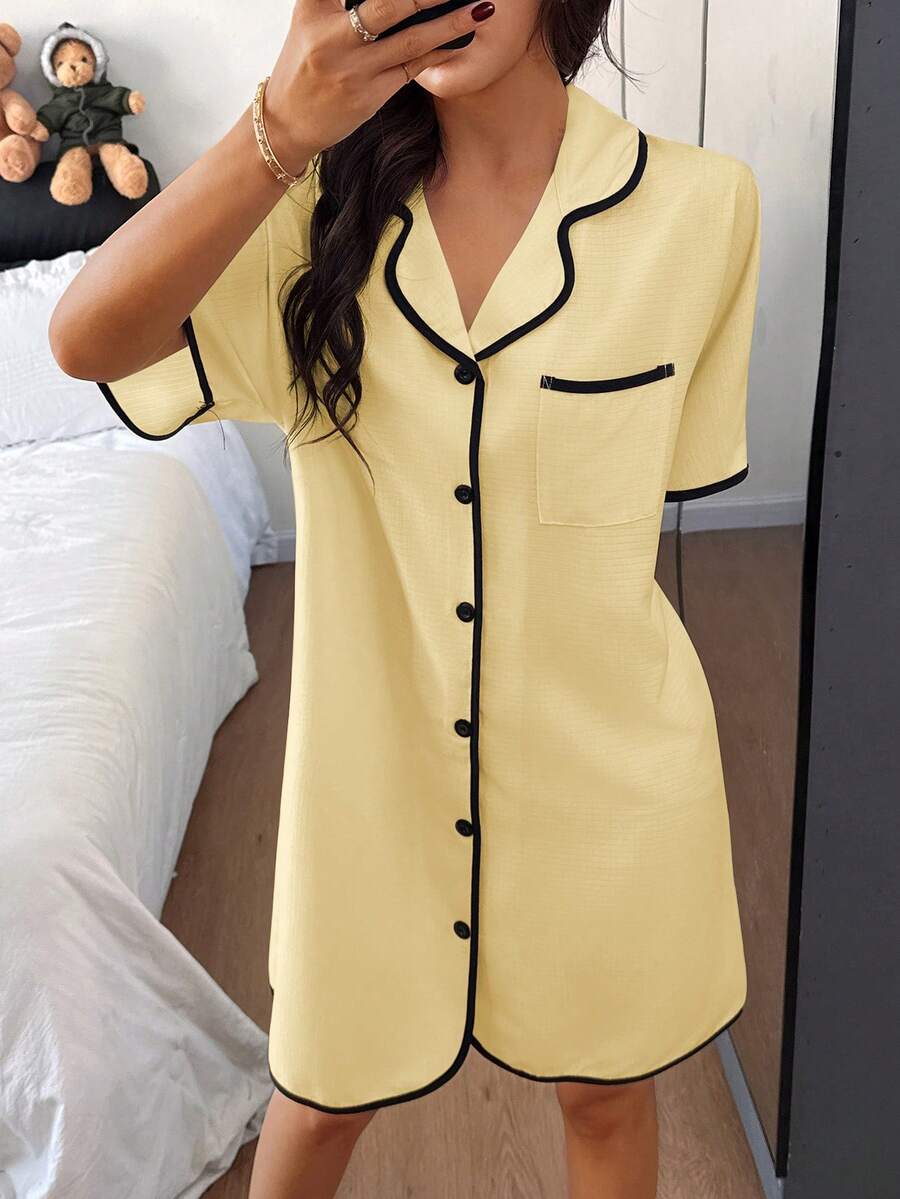 Napfluff Áo ngủ nữ tay ngắn cổ bẻ cài cúc, có túi, họa tiết bong bóng, viền tương phản. - Màu vàng - Xem 1