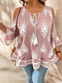 SHEIN LUNE Áo kiểu dáng rộng rãi, thoải mái, in họa tiết toàn thân, trễ vai, thắt nơ, tua rua, viền bèo nhún, thích hợp cho kỳ nghỉ. - Bụi hồng - Xem 1