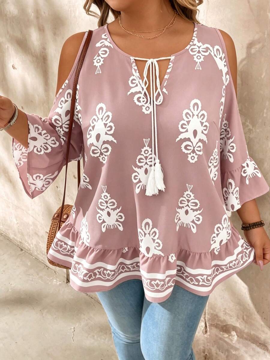 SHEIN LUNE Áo kiểu dáng rộng rãi, thoải mái, in họa tiết toàn thân, trễ vai, thắt nơ, tua rua, viền bèo nhún, thích hợp cho kỳ nghỉ. - Bụi hồng - Xem 1
