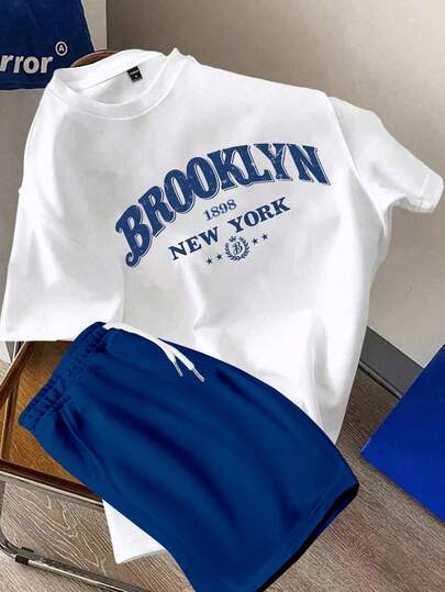 Manfinity Joysei 男士时尚百搭字母印花短袖T恤和休闲抽绳腰短裤套装