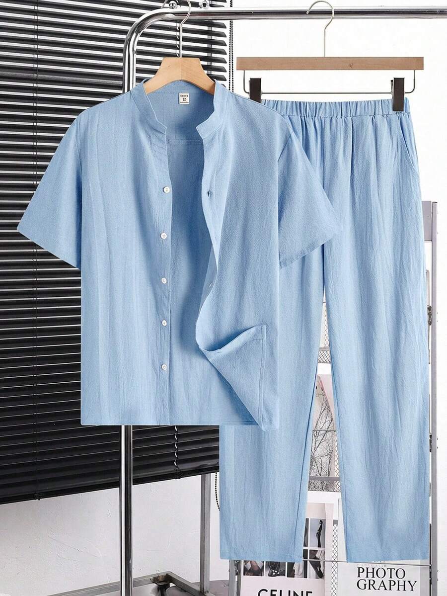 SHEIN Ensemble 2 pièces chemise à manches courtes et pantalon pour adolescents, col montant, décontracté, ample, polyvalent et confortable, rapport qualité-prix intéressant - Bleu ciel - Voir 1