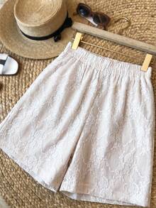 SHEIN Elenzya Quần short nữ ren cạp chun, thanh lịch, lãng mạn. - Màu be - Xem 1