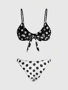 ROMWE Avant Maiô Bikini Feminino, Estilo Boêmio Fofo Preto e Branco com Estampa de Bolinhas, com Sutiã Embutido, Adequado para Férias, Praia, Piscina e Roupas Esportivas, Primavera/Verão 2026 - Preto - Visão 3