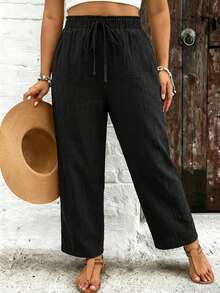 SHEIN VCAY Plus Size Women Solid Color Drawstring Waist Casual Versatile Daily Wear Pants Cotton Pants Women Linen Pants Women High Waist Loose Pants For Women Casual Pants For Women Wide Leg Pants Women - Black - View 4