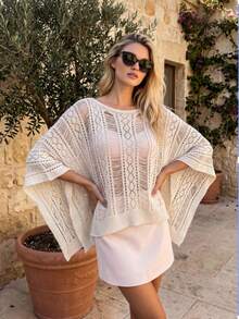 Swim Vcay 女士轻盈钩编宽松沙滩罩衫，飘逸蝙蝠袖波西米亚风比基尼罩衫，白色带微闪，适合夏季度假 - 白色 - 查看 3