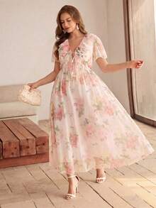 Roveilla Vestido de malla con estampado floral, cuello con volantes, cintura ceñida y mangas abullonadas, corte evasé, talla grande, para primavera/verano - Albaricoque - View 3