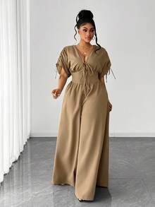 Maweii Plus Size Elegant Short Sleeve V-Neck Drawstring Jumpsuit - Khaki - View 2