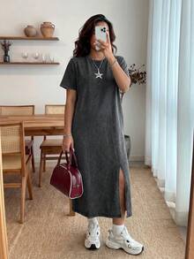 Enliva Plus Size Long Acid-Washed T-Shirt Dress Long Casual Dress, For Apple Rounded Body Shape, For Body Shape, For Summer - Black - View 3