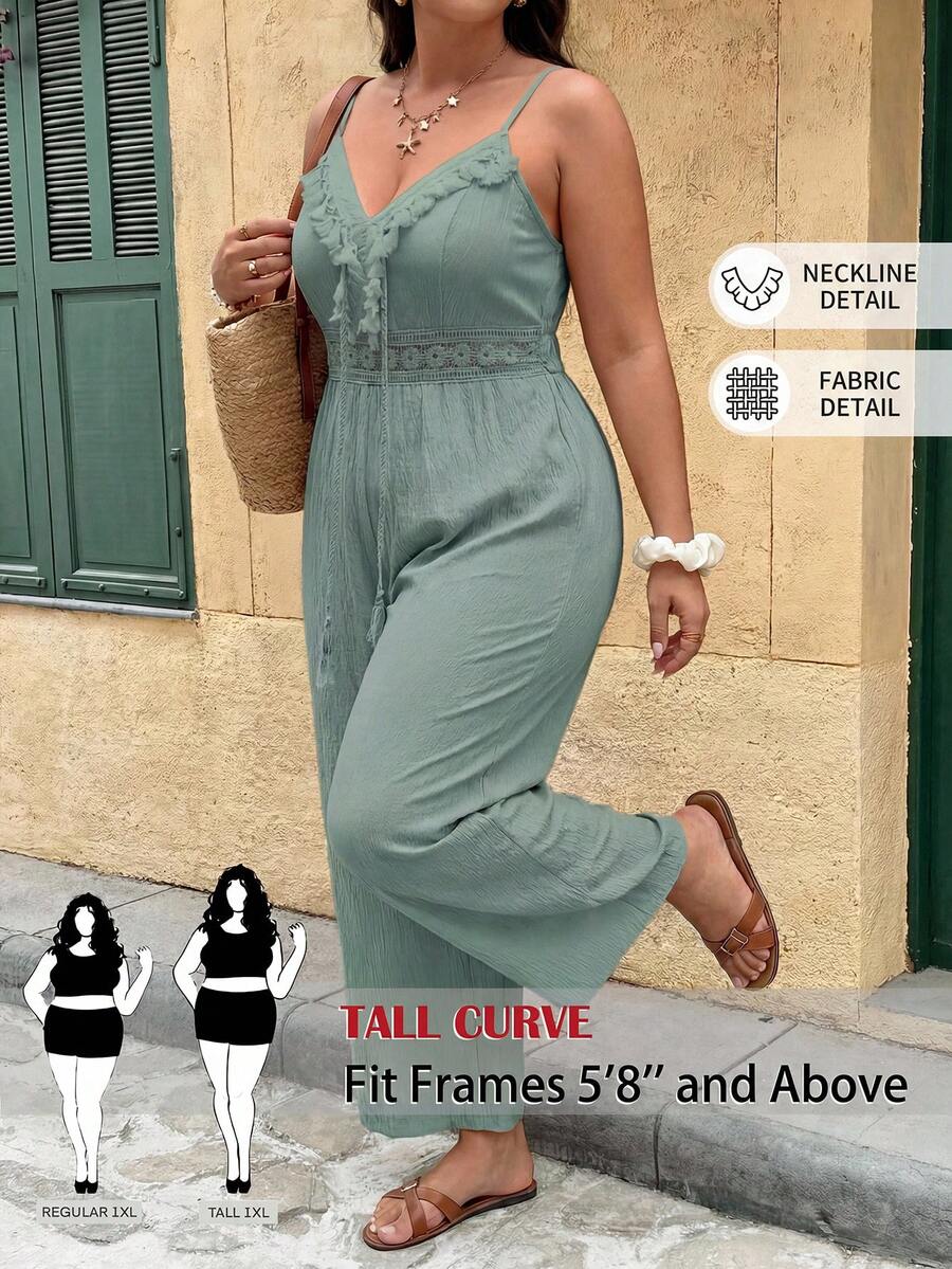 SHEIN Tall CURVE 大码女式纯色流苏设计休闲连体裤，适合日常穿着 - 綠色 - 查看 1