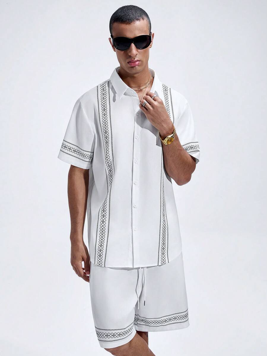 NobleFwd Men's Summer Vacation Geometric Print Short Sleeve Shirt And Shorts Set - Multicolor - View 1