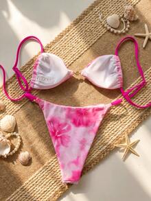 Bộ bikini mùa hè dành cho nữ, họa tiết hoa, kẻ caro xanh dương, phối màu tương phản ở ngực và eo, điểm nhấn là ngọc trai. - Nhiều màu - Xem 2