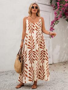 Linhara CURVE Vestido de verano sin mangas, holgado y casual con estampado de hojas de bambú para vacaciones - Albaricoque - Ver 1