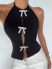 DAZY Áo tank top mùa hè thanh lịch, gợi cảm, thắt nơ đính đá, dáng ngắn, cổ yếm, hở lưng dành cho nữ. - màu đen - Xem 4