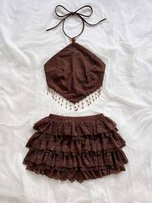 Soleia Women's Coffee Brown Summer Boho Beach Holiday Holiday 2-Piece Set,Elegant Halter Beaded Tassel Tie-Up Ruffle Lace Outfit For Vacation Wedding Guest - Brown - View 6