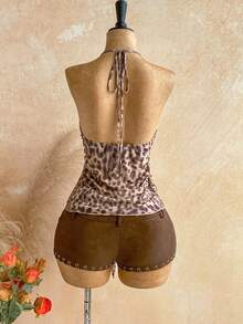 Soleia Women's Leopard Print Pleated Asymmetric Hem Halter Neck Camisole - Apricot - View 2
