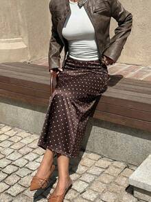 Coffee Brown Satin Polka Dot Mermaid Hem Elegant Maxi Dress, Suitable For Women, New Year, Party Wear - Coffee Brown - View 5