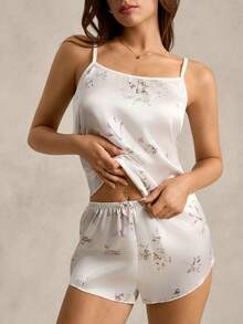 EverLounge Conjunto de pijama de cetim com estampa floral / conjunto de pijama branco - Branco - Ver 5