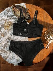 Divavoom 2 piezas Conjunto de sujetador y ropa interior de encaje con aros para mujer de talla grande - Negro - Ver 6