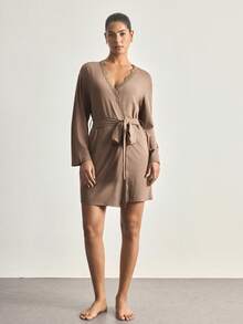 Ocili 简约舒适男女通用蕾丝睡袍，易于打理的女士睡衣浴袍 - 棕色 - 查看 2