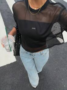 Muchica 女士短袖黑色網眼上衣 - 黑色 - 查看 4