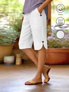 SHEIN LUNE CURVE Women's Plus Size Casual White 100% Cotton Linen Shorts,Comfortable Basic Solid Long Pants,Summer Sommar Outerwear,Vacation Holiday,Soft - White - View 3
