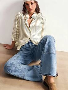 Bohemela Quần jeans nữ dáng rộng, họa tiết hoa và xanh phối nhiều mảnh. - Rửa nhẹ - Xem 5