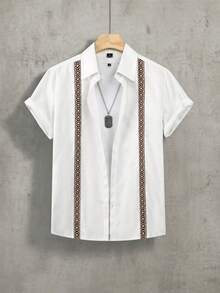Manfinity CasualCool Kemeja Pria Kasual Musim Panas dengan Hiasan Tali Tenun - Putih - View 5