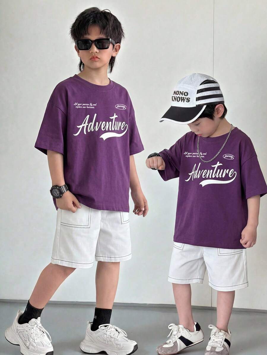 2pcs/Set Young Boys Summer Casual Korean Style Personalized Letter Print Short Sleeve T-Shirt And Pocket Shorts Set,Comfortable Daily Wear Outfits - Purple - View 1