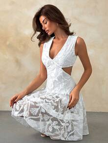 EURMUSE Vestido curto bordado em algodão branco para mulheres – Sem mangas, decote em V, elegante modelo evasê para o verão. - Branco - Ver 6