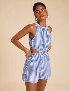 Travachic Bộ jumpsuit nữ không tay, khoét eo, kẻ sọc, thích hợp cho kỳ nghỉ, trang phục mùa hè cho phái nữ, jumpsuit mùa hè. - Xanh và trắng - Xem 5