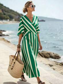 SHEIN Holidaya 女士黄色条纹宽松度假春夏V领修身蝙蝠袖连衣裙，适合度假、休闲、居家和日常活动 - Limelight Green - 查看 7