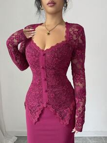 Modelyn Square Neck Lace Patchwork Button Waist Fitted Midi Dress For Women - Hot Pink - View 6