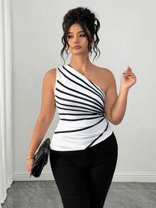 Elenzga 大码女式时尚优雅不对称肩无袖条纹印花衬衫 - 黑與白 - 查看 4