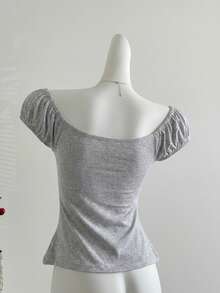 de manga corta holgada con lazo y decoración de perlas para mujer en verano - Gris Claro - Ver 7